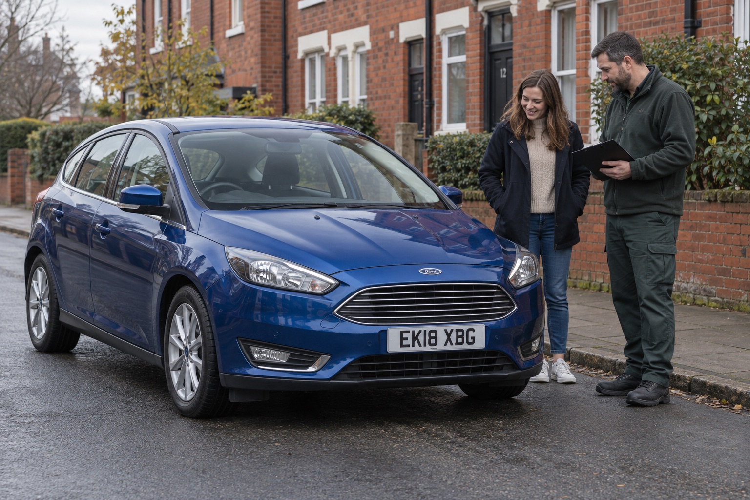 Generated illustration of a blue Ford Focus inspection with an owner and assessor